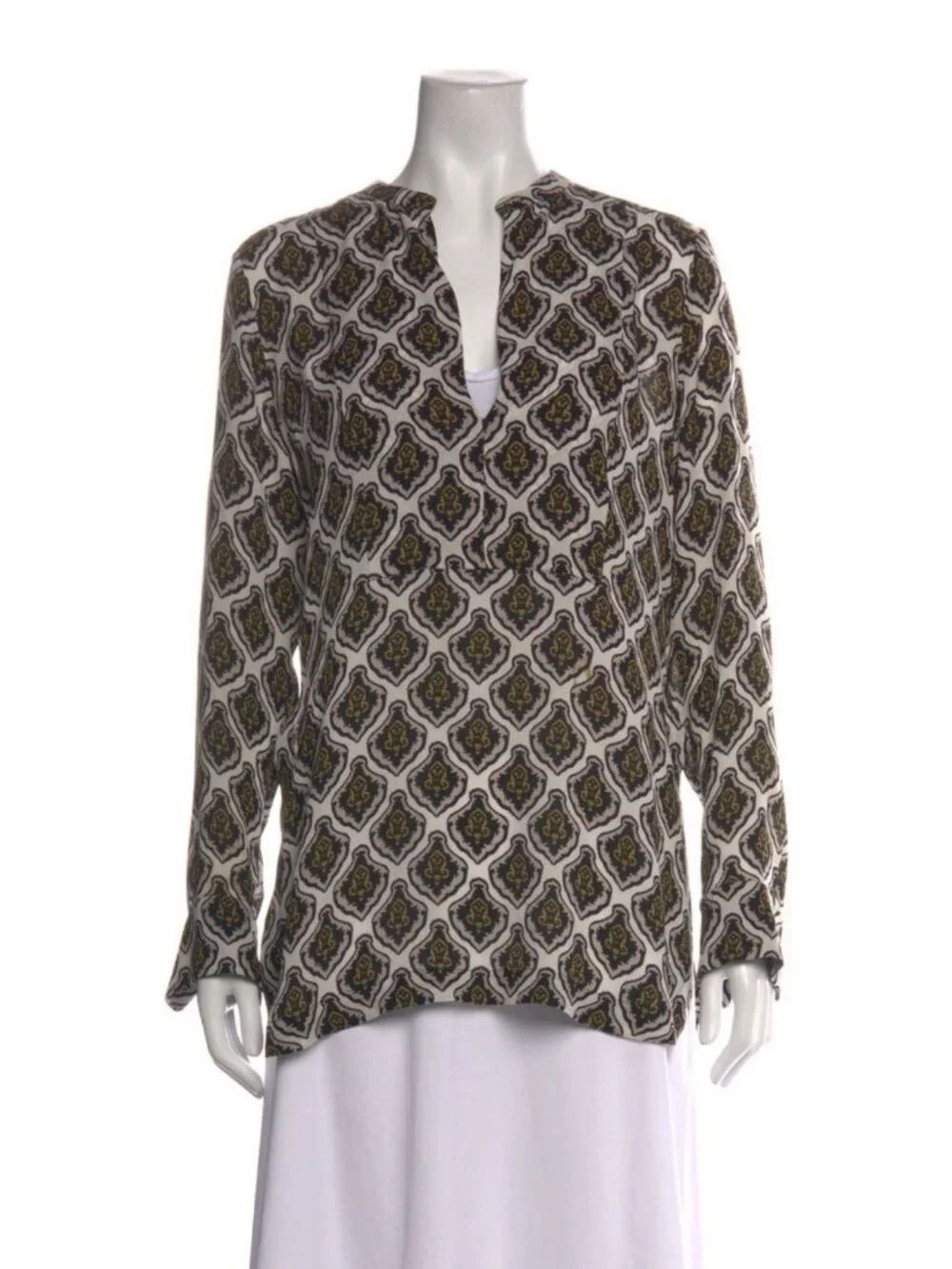 A.l.c. Authentic white black beige silk v neck long sleeve blouse 8 Medium